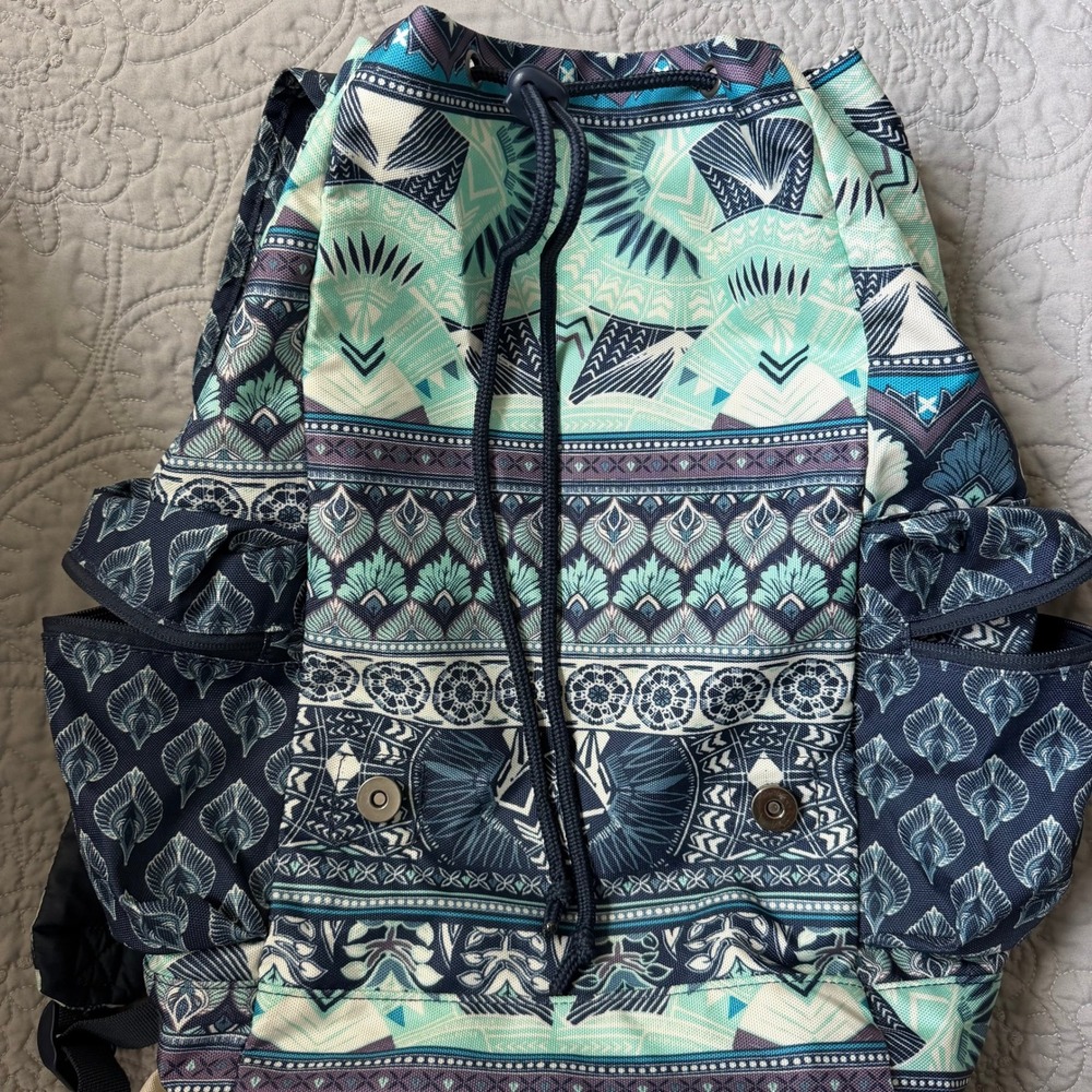 Roxy Free for Sun Student Backpack Blue Boho Geometric Print Canvas Totebag - Picture 5 of 16